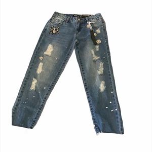 Design lab paint and jewel covered boyfriend jeans